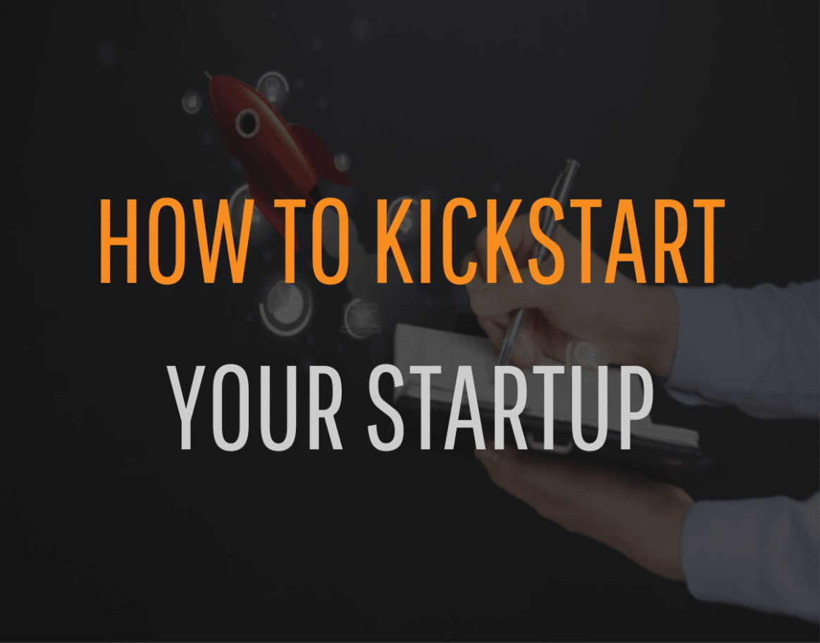 A dark-themed image with the bold text "HOW TO KICKSTART YOUR STARTUP" in orange and white letters. To the right, a person's hands are visible writing in a notebook, and a small, red rocket icon is seen flying in the background.