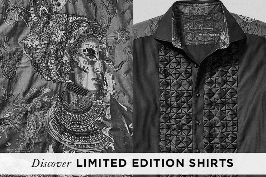 Black and white image featuring two limited edition shirts. The left shirt is adorned with an intricate design of a regal figure wearing detailed headgear and jewelry. The right shirt is black with a textured geometric pattern on the front panel. Text reads "Discover LIMITED EDITION SHIRTS.