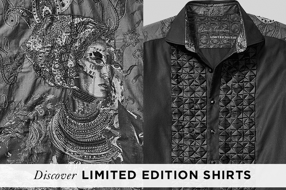 Black and white image featuring two limited edition shirts. The left shirt is adorned with an intricate design of a regal figure wearing detailed headgear and jewelry. The right shirt is black with a textured geometric pattern on the front panel. Text reads "Discover LIMITED EDITION SHIRTS.
