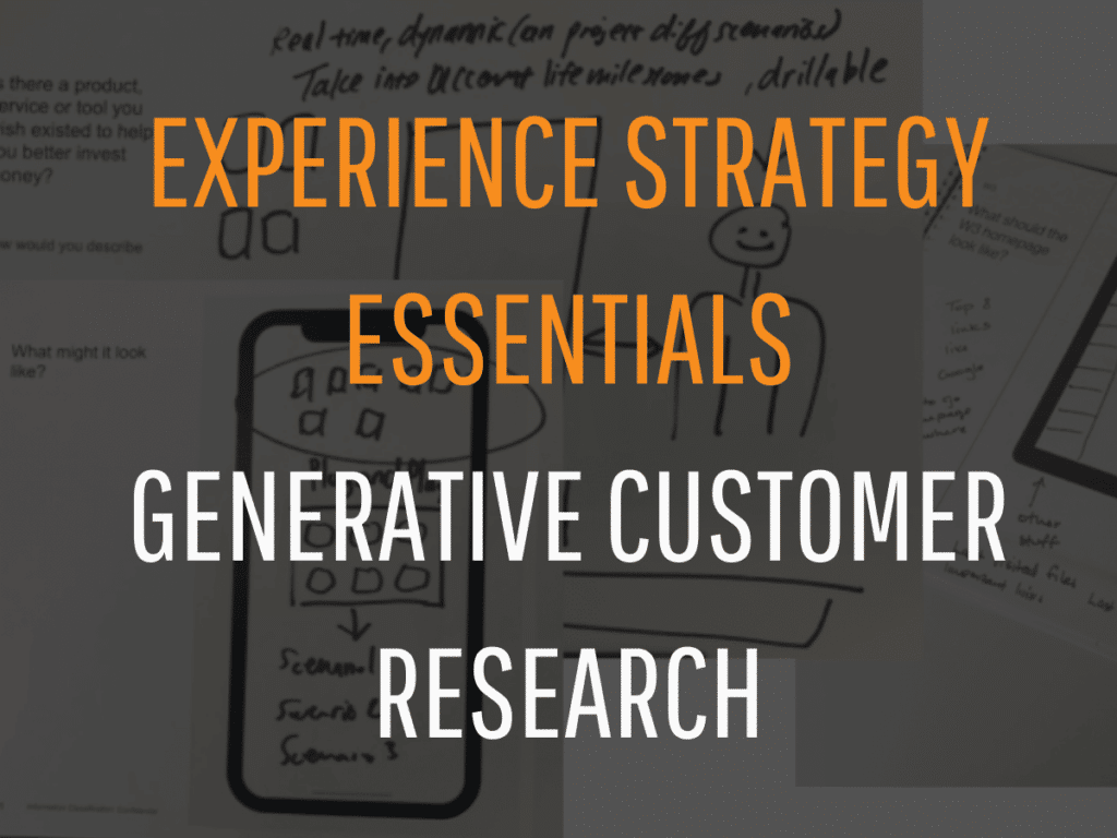 Text overlay on blurred handwritten notes and diagrams in the background. The text reads, "Experience Strategy Essentials: Generative Customer Research" in large, bold fonts, with the words "Experience Strategy Essentials" and "Generative Customer Research" highlighted in orange and white.