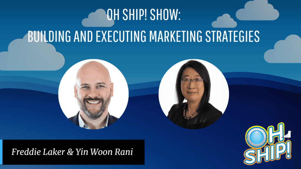Image for a YouTube show titled "OH SHIP! SHOW: Building and Executing Marketing Strategies." It features headshots of the hosts, Freddie Laker and Yin Woon Rani from MilkPEP, against a blue background with clouds.
