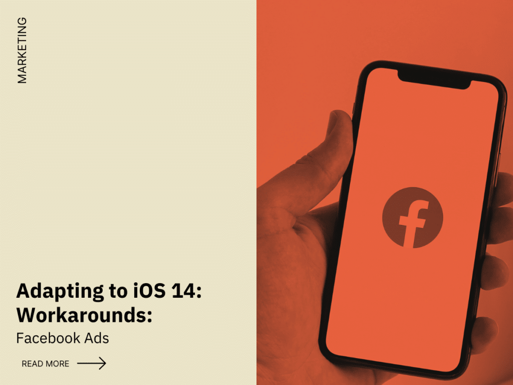 A hand holding a smartphone displaying the Facebook logo on the screen. The background is orange. On the left side, text reads "Adapting to iOS 14: Workarounds: Facebook Ads." Below that is a "Read More" link with an arrow pointing right. "SOCIAL MEDIA MARKETING" is written vertically.