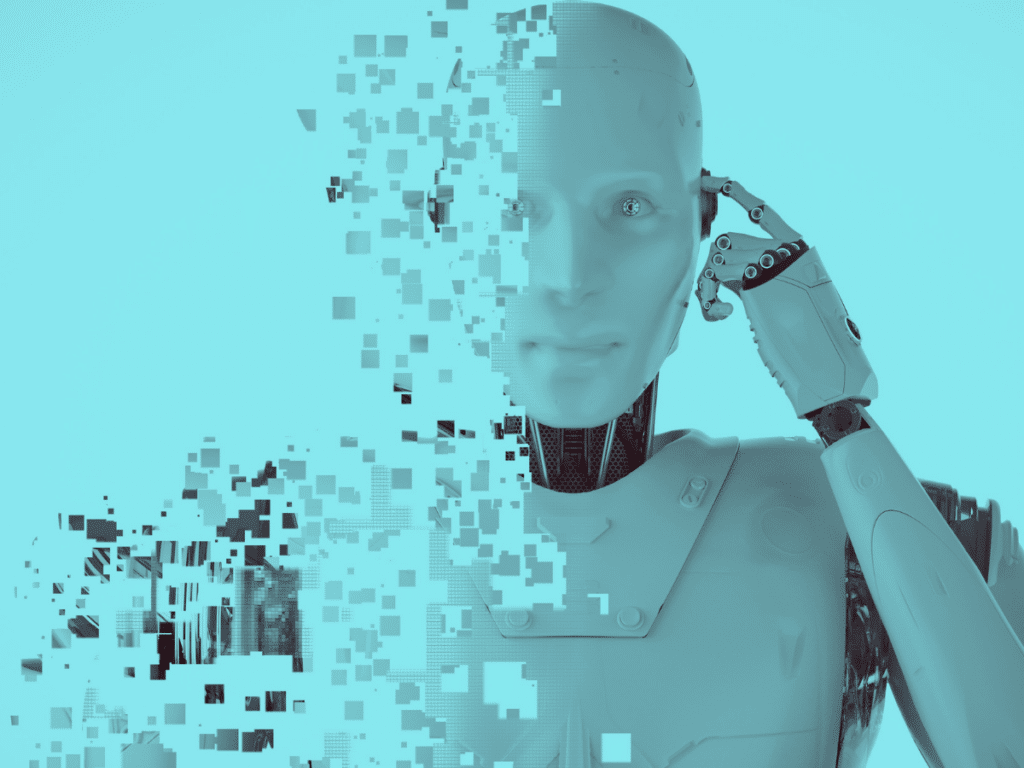 A humanoid robot with a sleek design and a partially fragmented body stands against a blue background. The right side of the robot's body appears normal, while the left side is disintegrating into small squares, giving a pixelated effect reminiscent of generative AI art. The robot touches its temple with one hand.