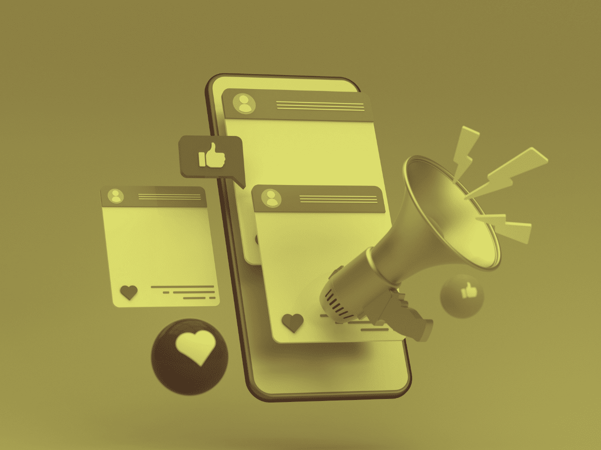 A yellow-tinted 3D illustration of a smartphone displaying multiple social media notifications. Surrounding the phone are floating icons, including a heart, a thumbs-up, and a megaphone, symbolizing likes, engagement, and hyperlocal social media marketing announcements.