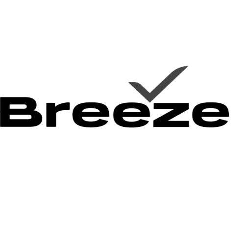 The image shows the word "Breeze" in bold, black letters. The letter "z" has a checkmark above it, integrated into the design. The background is transparent.