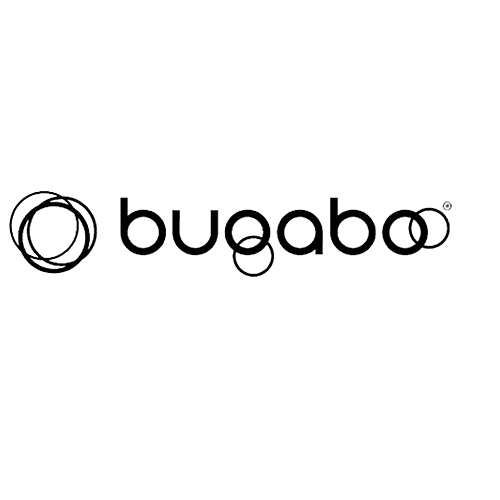 Bugaboo logo featuring stylized black text with circular designs integrated into the letters 'b' and 'g'. The double 'o' in 'boo' is intertwined, emphasizing the brand's modern and cohesive design aesthetic.