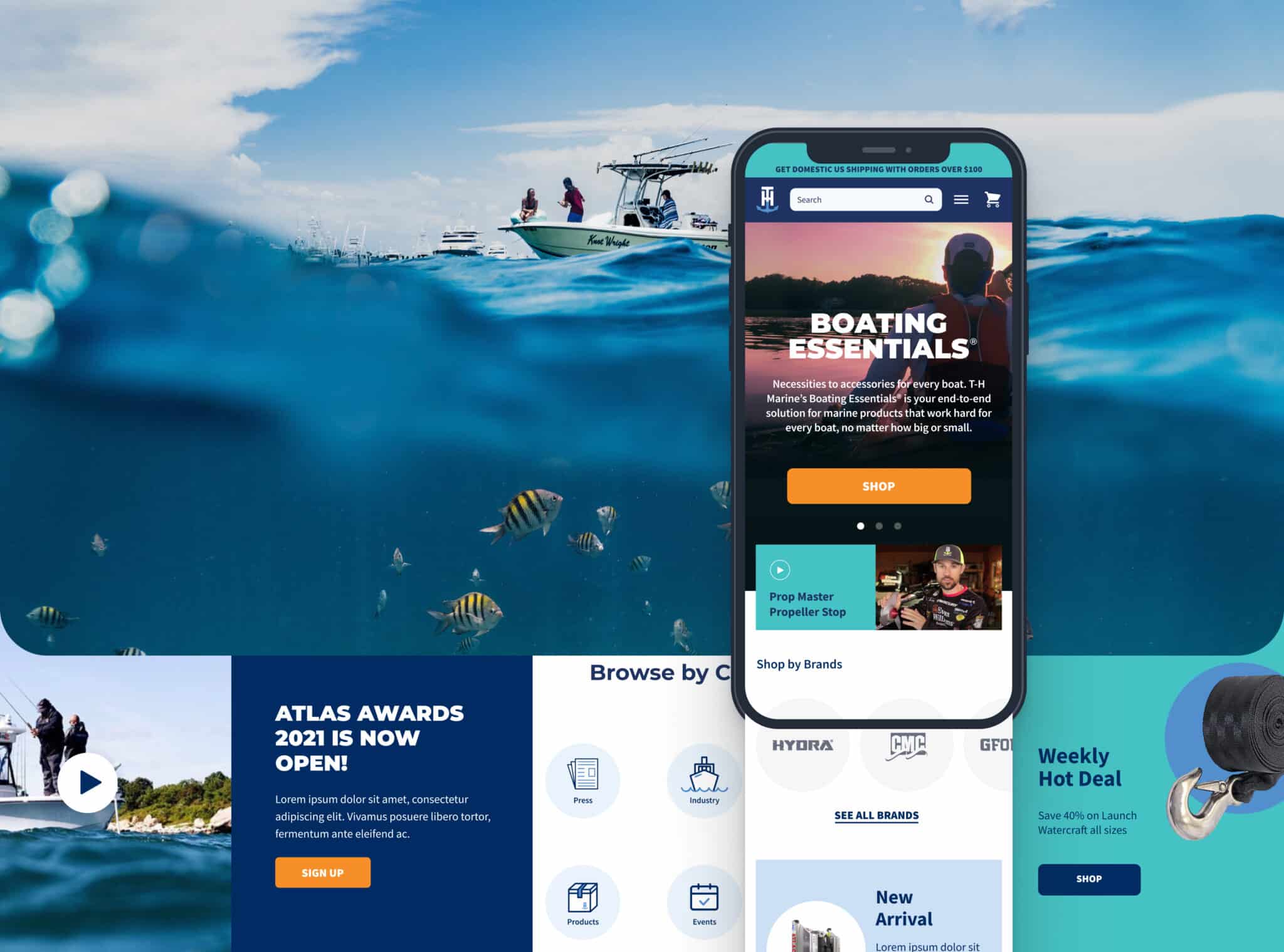 Image of a boating website interface. The background shows people on a boat and fish swimming underwater. The foreground includes a mobile screen displaying a "Boating Essentials" section with options to shop from T-H Marine. Various website sections are below, reimagining the Sea to Sea experience.