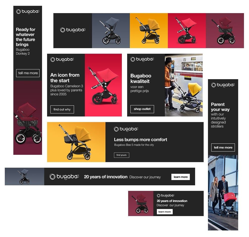 A collage of various Bugaboo stroller advertisements showcases different models and features, including comfort, innovation, and stylish designs. Text highlights include "Ready for whatever the future brings," "An icon from the start," and "20 years of marketing transformation.