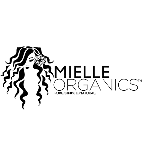 Mielle Organics logo features a silhouette of a woman with long, flowing hair adorned with a flower. The text "Mielle Organics" is to the right of the silhouette with the tagline "Pure. Simple. Natural." beneath it. The design is in black and white.
