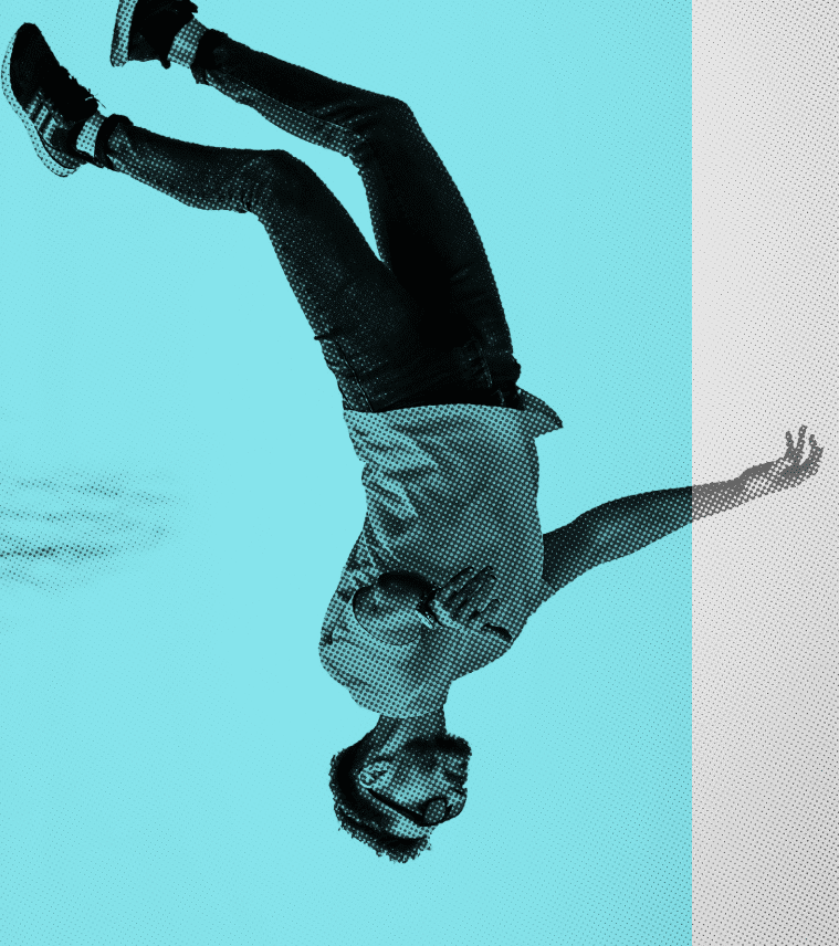 A stylized, halftone image of a person wearing glasses, a t-shirt, and jeans, shown upside down against a blue background with a white stripe on the right. The person appears to be in mid-air, possibly performing a jump or a flip.