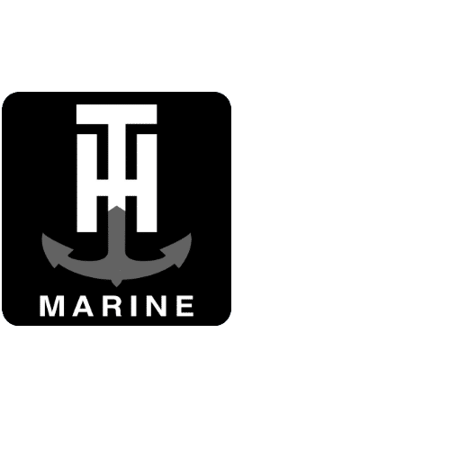A black square logo featuring a stylized white 'T' and 'H' integrated above a grey anchor. The word "MARINE" is written in white capital letters below the anchor.