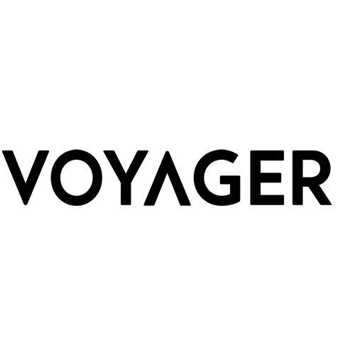 Black text on a white background spelling "VOYAGER" with a stylized "A" formed by an upward-pointing triangle.