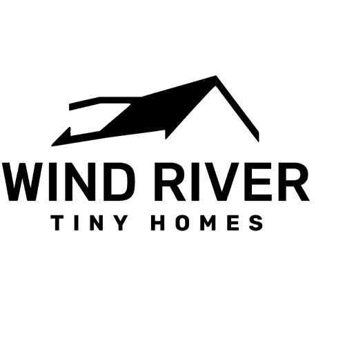A logo for Wind River Tiny Homes featuring a minimalist, black outline of a roof above the words "Wind River Tiny Homes" in bold, uppercase letters.