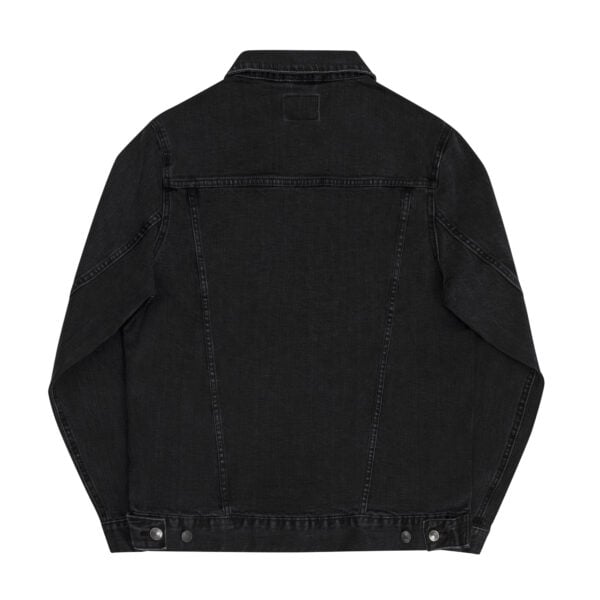 A Unisex denim jacket is displayed against a white background, seen from the back. The unisex jacket features basic stitch details along the seams, long sleeves, a collar, and buttons on the lower parts of the hem, but no visible logos or designs.