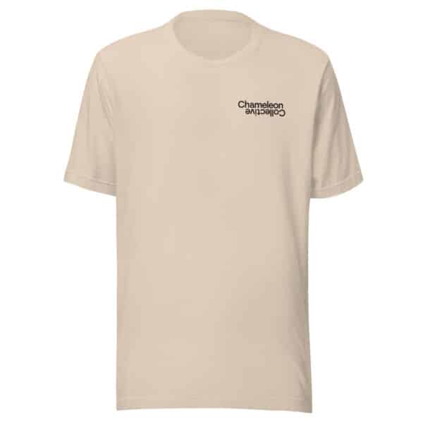 A beige Unisex t-shirt with short sleeves and a round neckline. The casual wear piece features the text "Chameleon Collective" printed in small black letters on the upper left chest, with "Chameleon" and "Collective" stacked vertically.