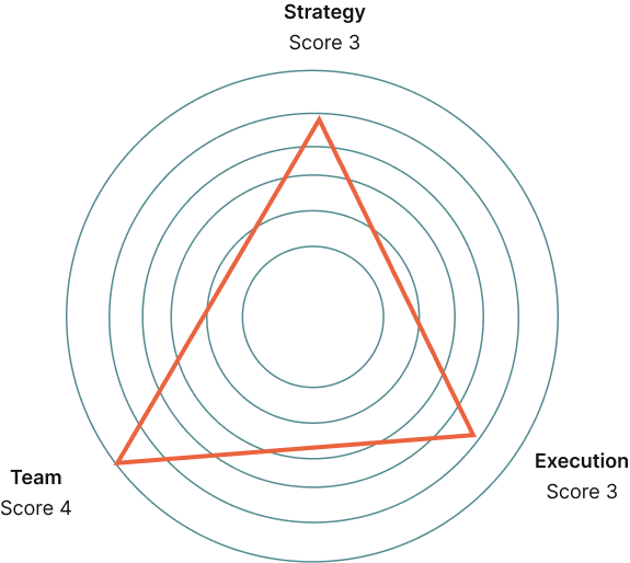 A radar chart provides a clear assessment with three axes labeled Strategy, Team, and Execution, each scored from 0 to 5. A red triangle connects the points on each axis, showing Strategy at 3, Team at 4, and Execution at 3. The result is an irregular shape that highlights performance strengths and weaknesses.