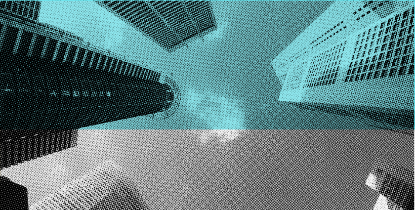 A stylized image showing a cityscape from a ground-level perspective looking upward towards the sky. The buildings are depicted with a halftone dot pattern, and shades of teal in the sky, with darker tones for the buildings, creating a comic book effect that offers a clear assessment of urban life through art.
