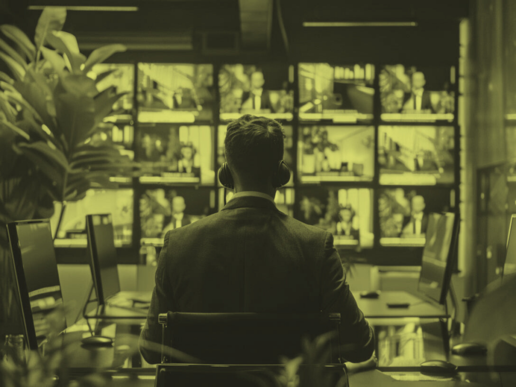 A man wearing a suit sits in a dimly lit room, facing multiple screens displaying various images and information. He appears to be a Fractional CTO, monitoring or analyzing the content. Several computers and plants are also visible in the room. The image has a yellow tint.