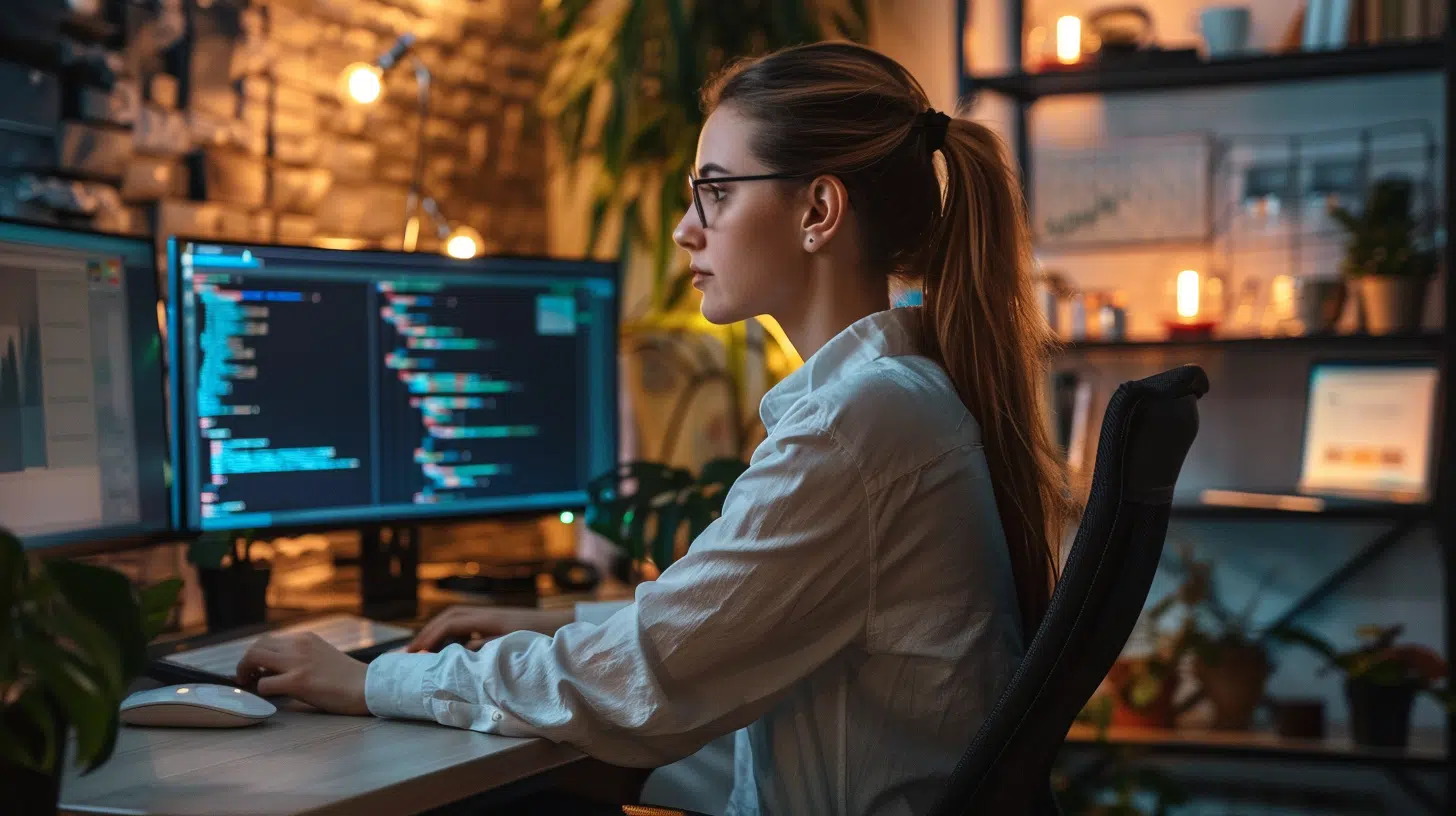 A woman with glasses and a ponytail is sitting at a desk with dual monitors, coding on her computer. The room is dimly lit with warm lighting, plants, and shelves in the background, creating a cozy workspace atmosphere that highlights the benefits of modern technology.