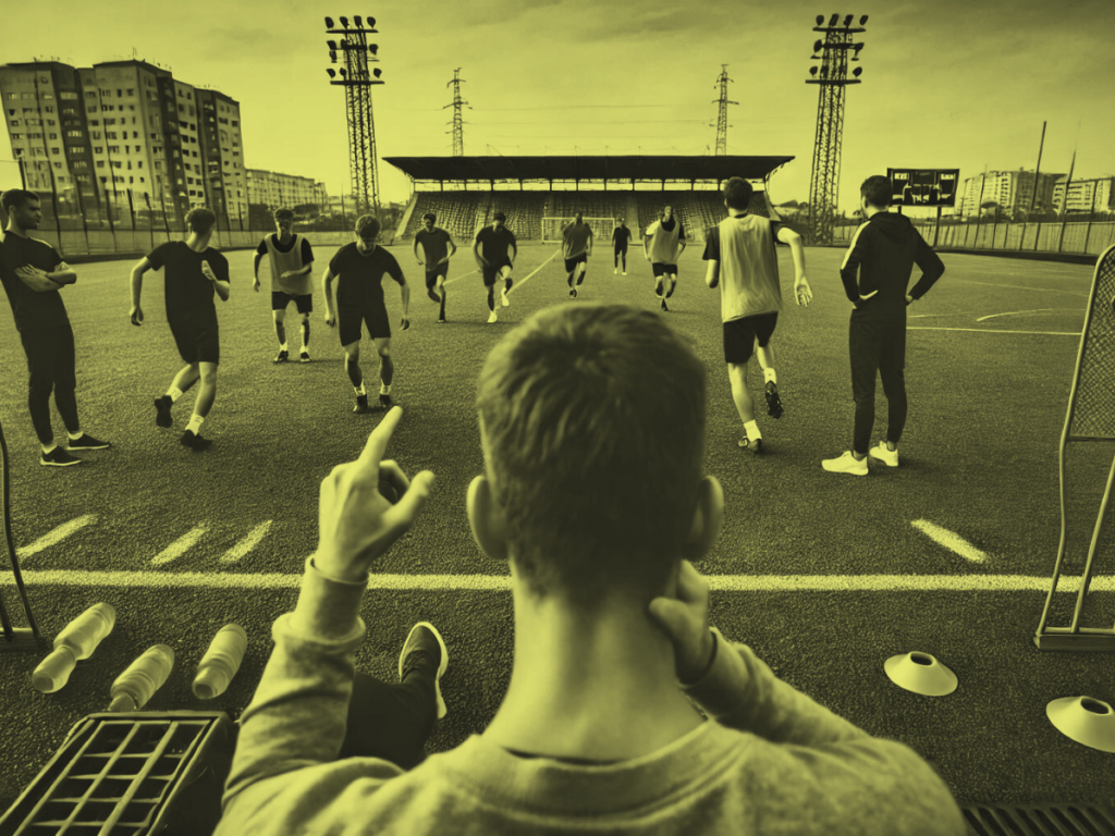 Coach looking out at a soccer field