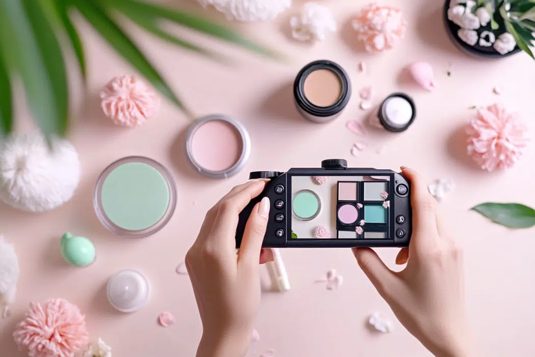 Someone photographing beauty products on a flat lay 