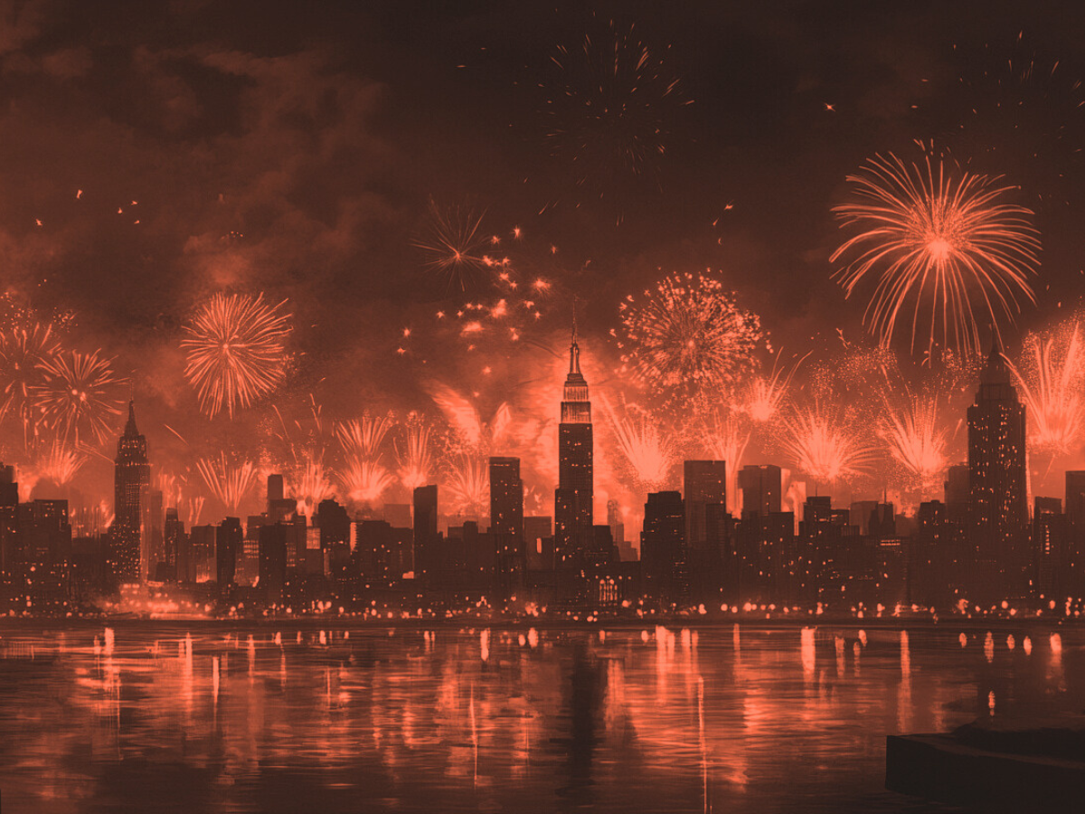 Bright, colorful fireworks lighting up the night sky over a city skyline with reflections on the water.