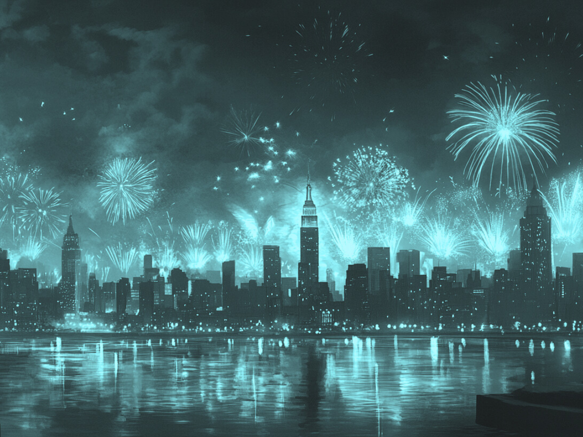 Bright, colorful fireworks lighting up the night sky over a city skyline with reflections on the water.