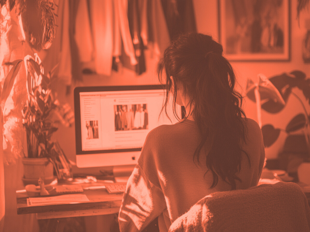 young woman sitting at a desk online shopping