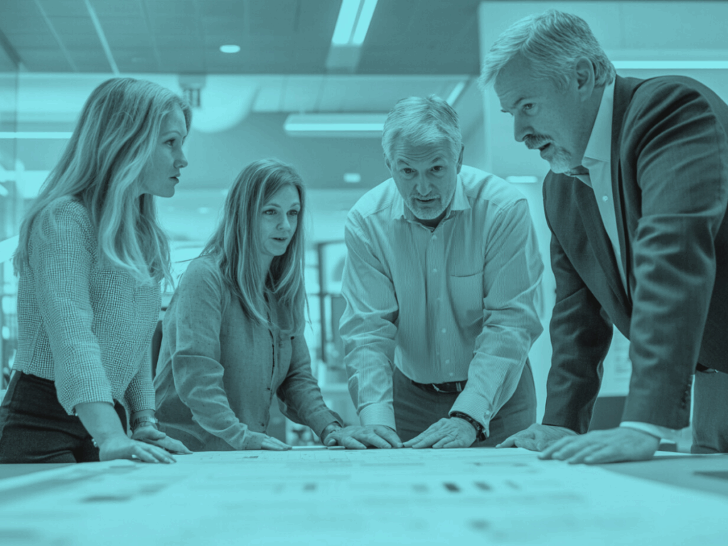 Executive leadership team collaborating over a strategy board in a modern office setting