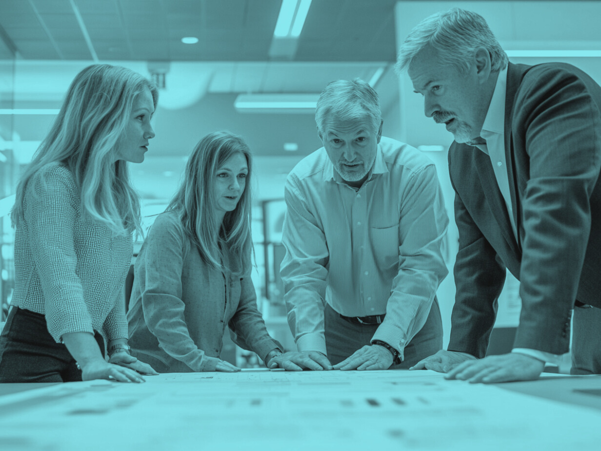 Executive leadership team collaborating over a strategy board in a modern office setting