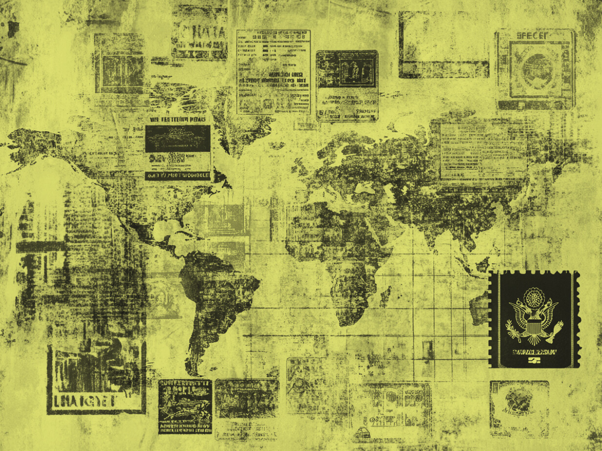 Stylized world map with layered passport stamps and visa marks in distressed black ink on a yellow textured background, representing global expansion and international market entry.