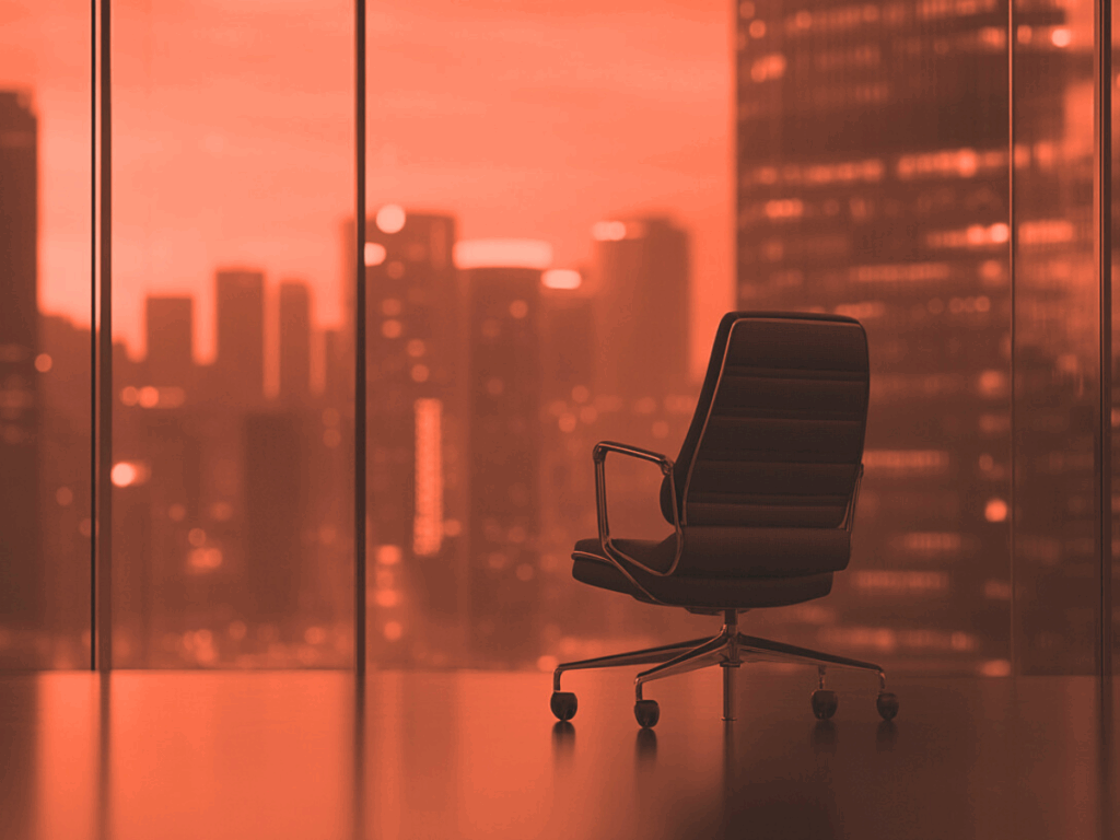 Empty executive chair in a modern office with city skyline view, symbolizing unfilled senior marketing leadership roles