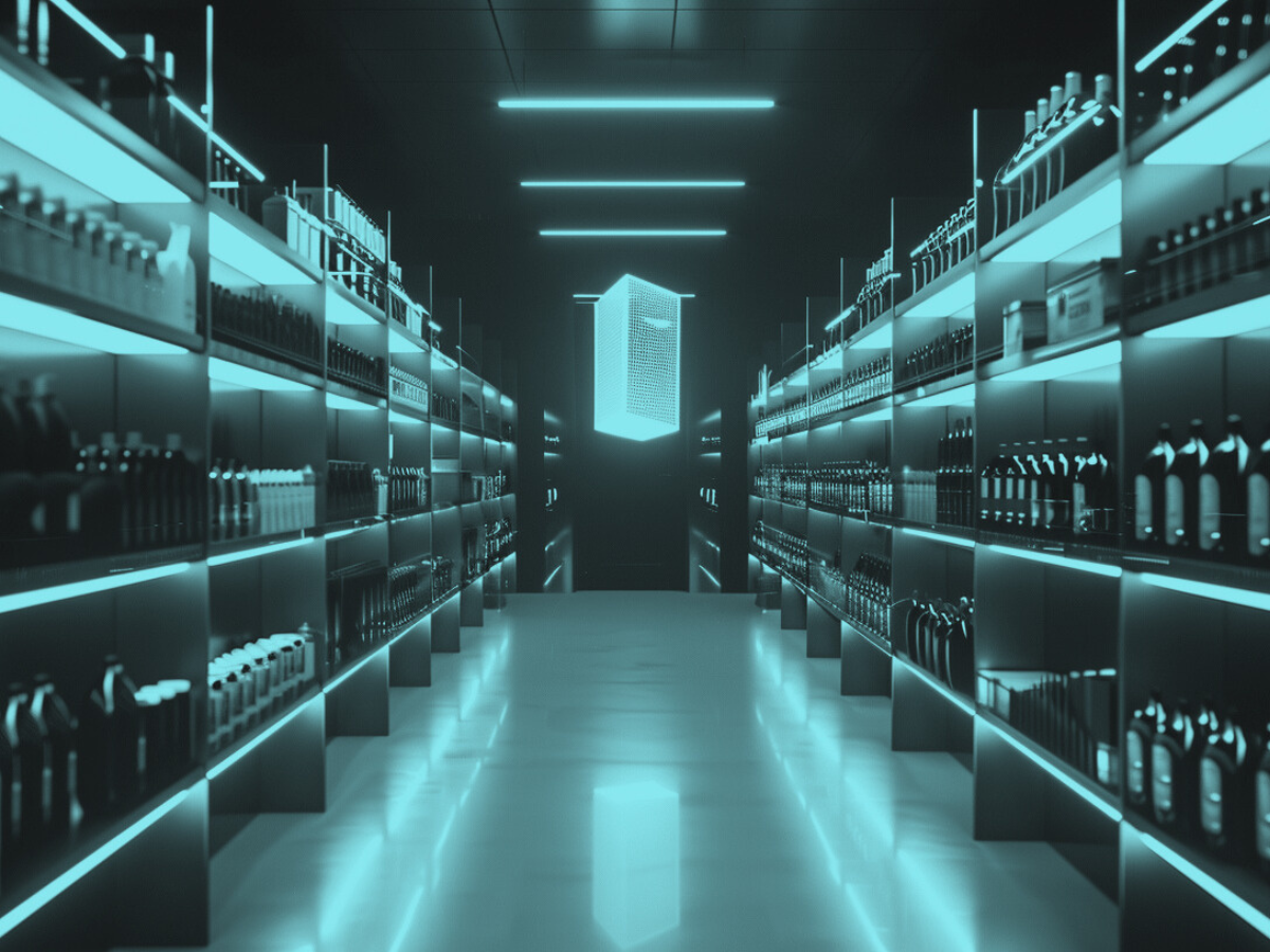Futuristic digital retail aisle with glowing product shelves and a central illuminated product, symbolizing an optimized Amazon digital shelf.