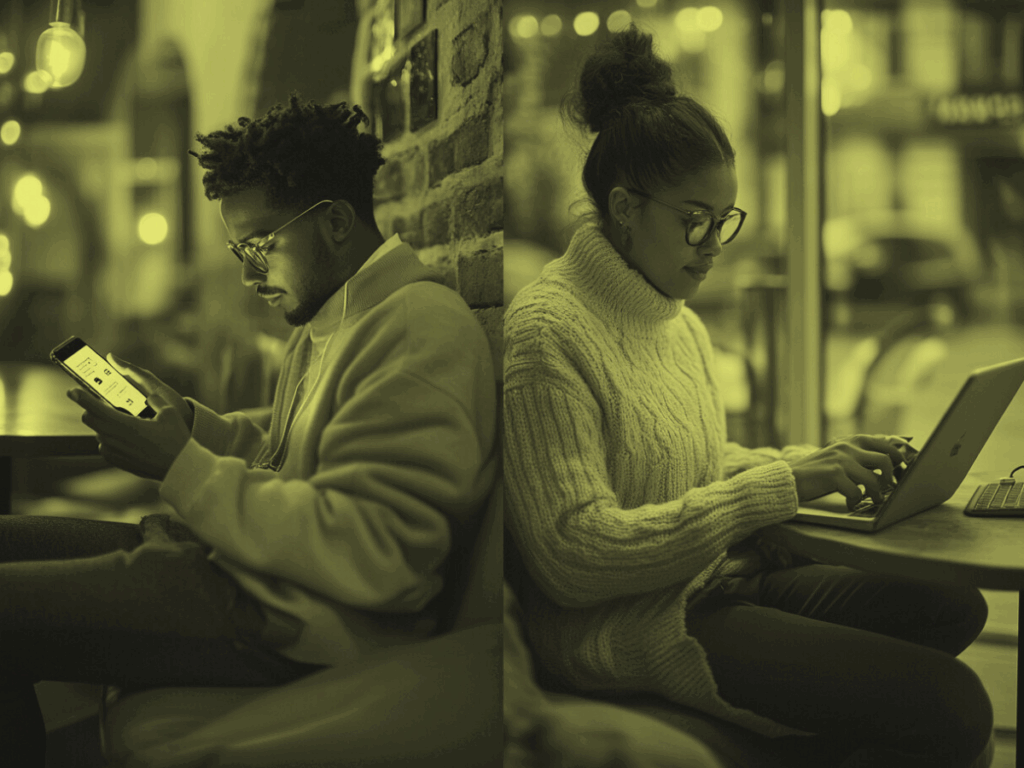 Split image showing two individuals using digital devices in different settings. On the left, a man in casual attire browses his smartphone in a cozy, dimly lit space, representing fast, mobile-driven consumer behavior. On the right, a woman in a sweater types on a laptop in a calm, well-lit cafe, reflecting thoughtful, research-based digital engagement. The image illustrates contrasting digital habits between US and European audiences.