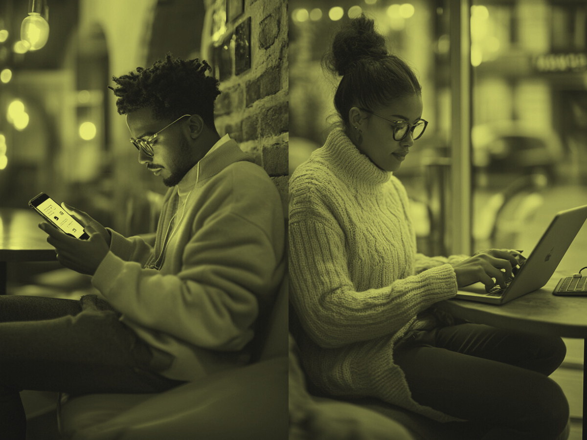 Split image showing two individuals using digital devices in different settings. On the left, a man in casual attire browses his smartphone in a cozy, dimly lit space, representing fast, mobile-driven consumer behavior. On the right, a woman in a sweater types on a laptop in a calm, well-lit cafe, reflecting thoughtful, research-based digital engagement. The image illustrates contrasting digital habits between US and European audiences.