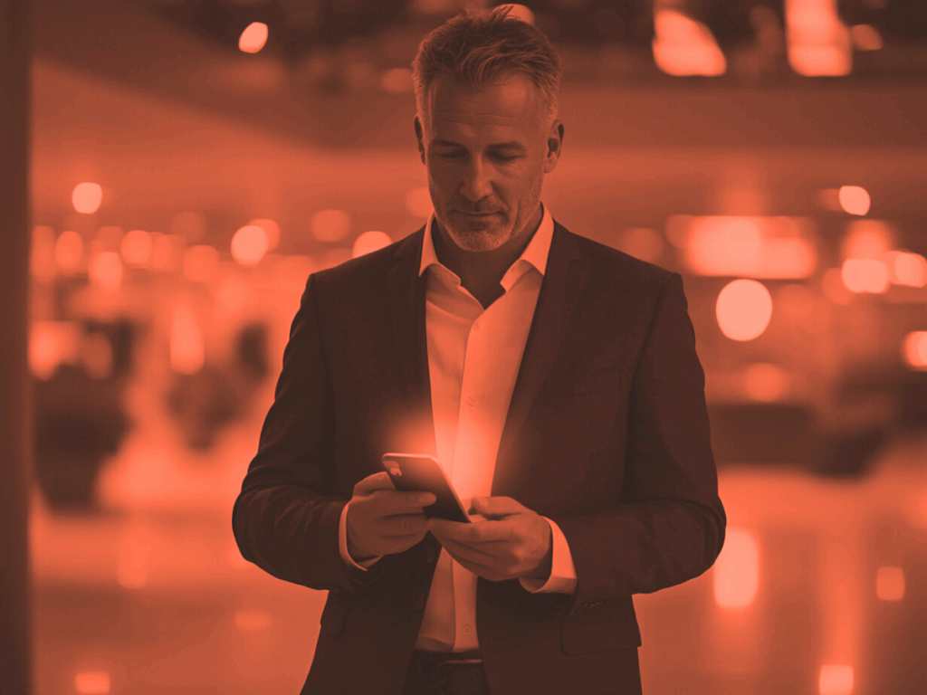 A professionally dressed man stands in a modern airport or business lounge, calmly viewing a glowing message on his smartphone, symbolizing a meaningful loyalty gesture from a brand.