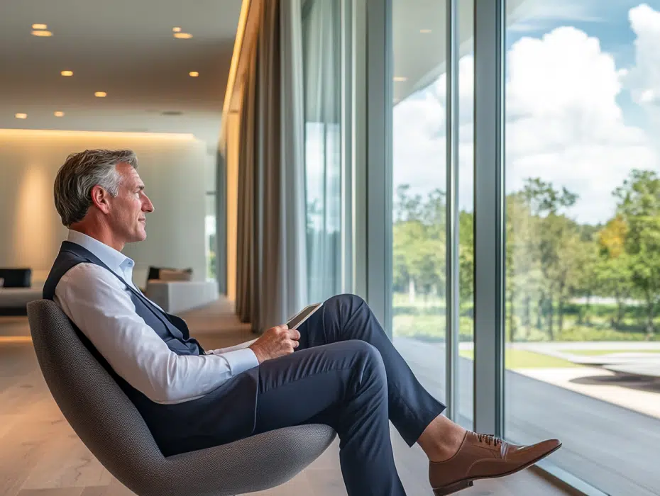  Business leader sitting by a large window, reflecting and planning next steps with a thoughtful expression