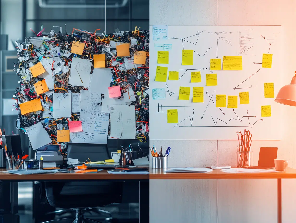 Split-screen image showing a cluttered desk and chaotic board on the left, contrasted with an organized workspace and focused strategy board on the right