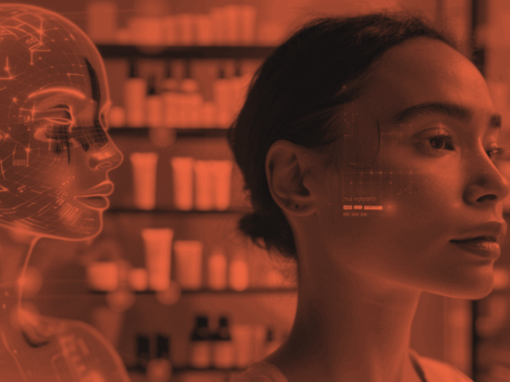 Side-by-side of a human woman and a glowing AI-generated face in a futuristic beauty store, symbolizing AI integration in the beauty industry.