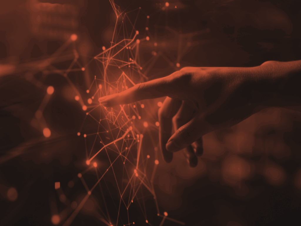 Hand interacting with glowing AI data interface, symbolizing human-AI collaboration and digital transformation.