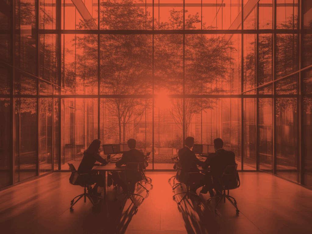 Business professionals in a glass-walled office building working around a table as sunlight streams through trees outside, symbolizing clarity and growth.