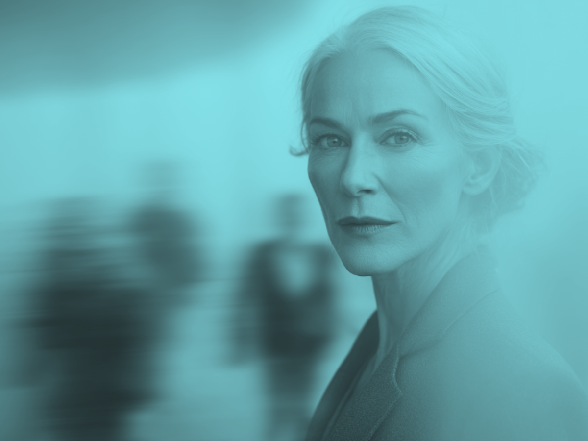 Confident executive woman standing in focus amid a blurred, fast-moving crowd, symbolizing clarity and leadership under pressure