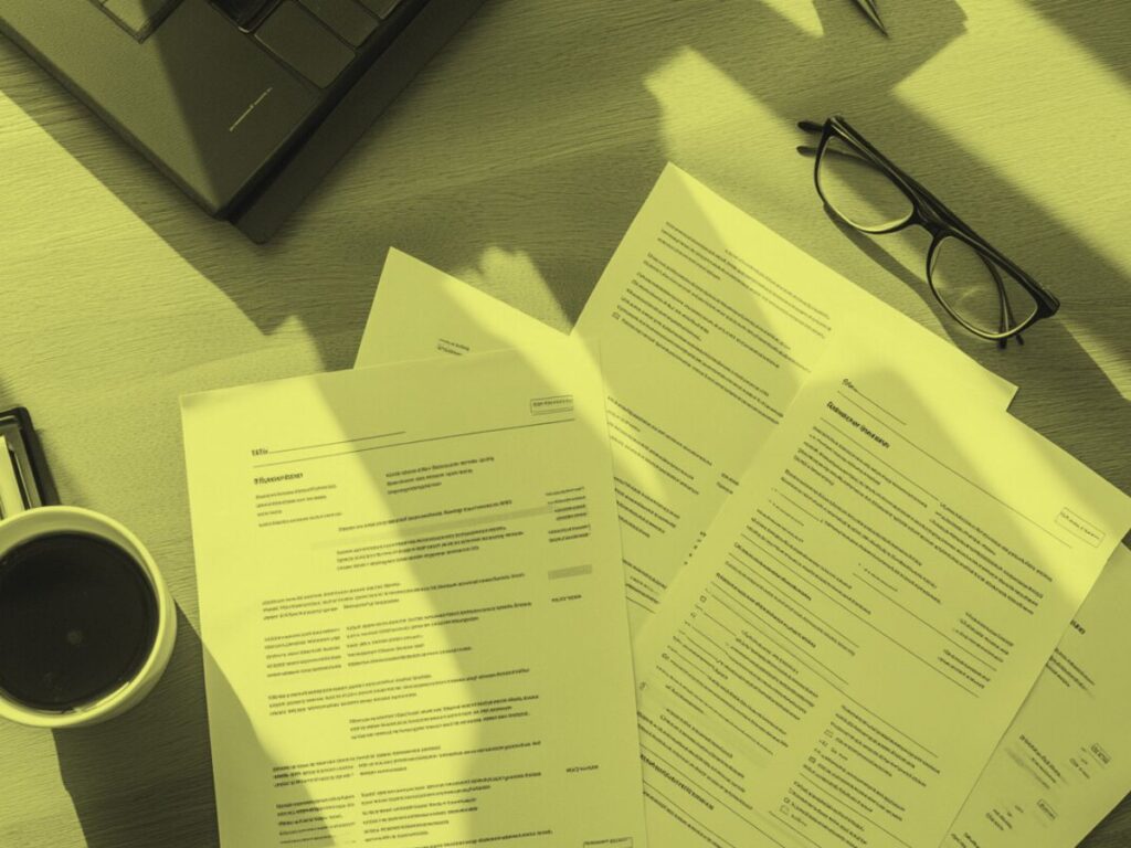 Top-down view of a wooden desk with printed resumes, black eyeglasses, a pen, a cup of coffee, and a laptop partially visible.