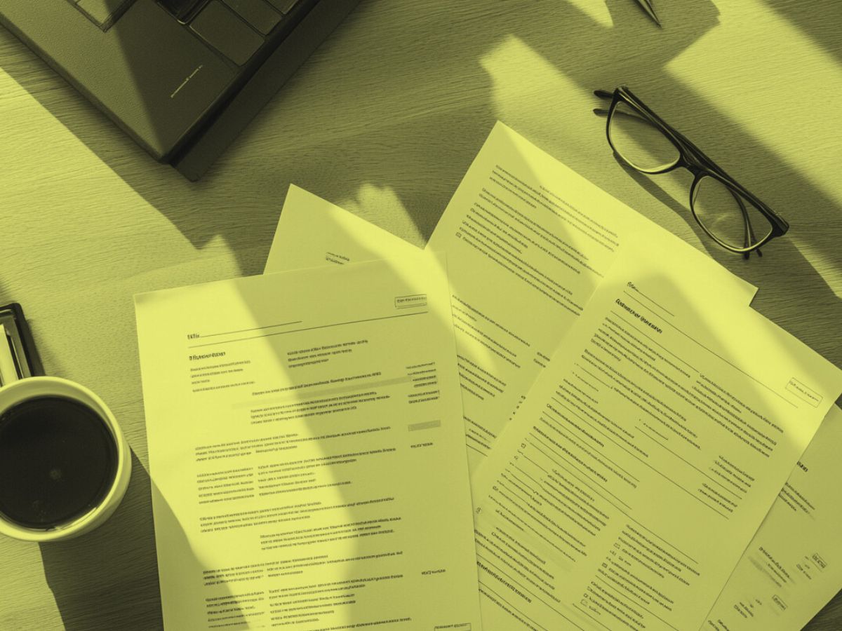 Top-down view of a wooden desk with printed resumes, black eyeglasses, a pen, a cup of coffee, and a laptop partially visible.