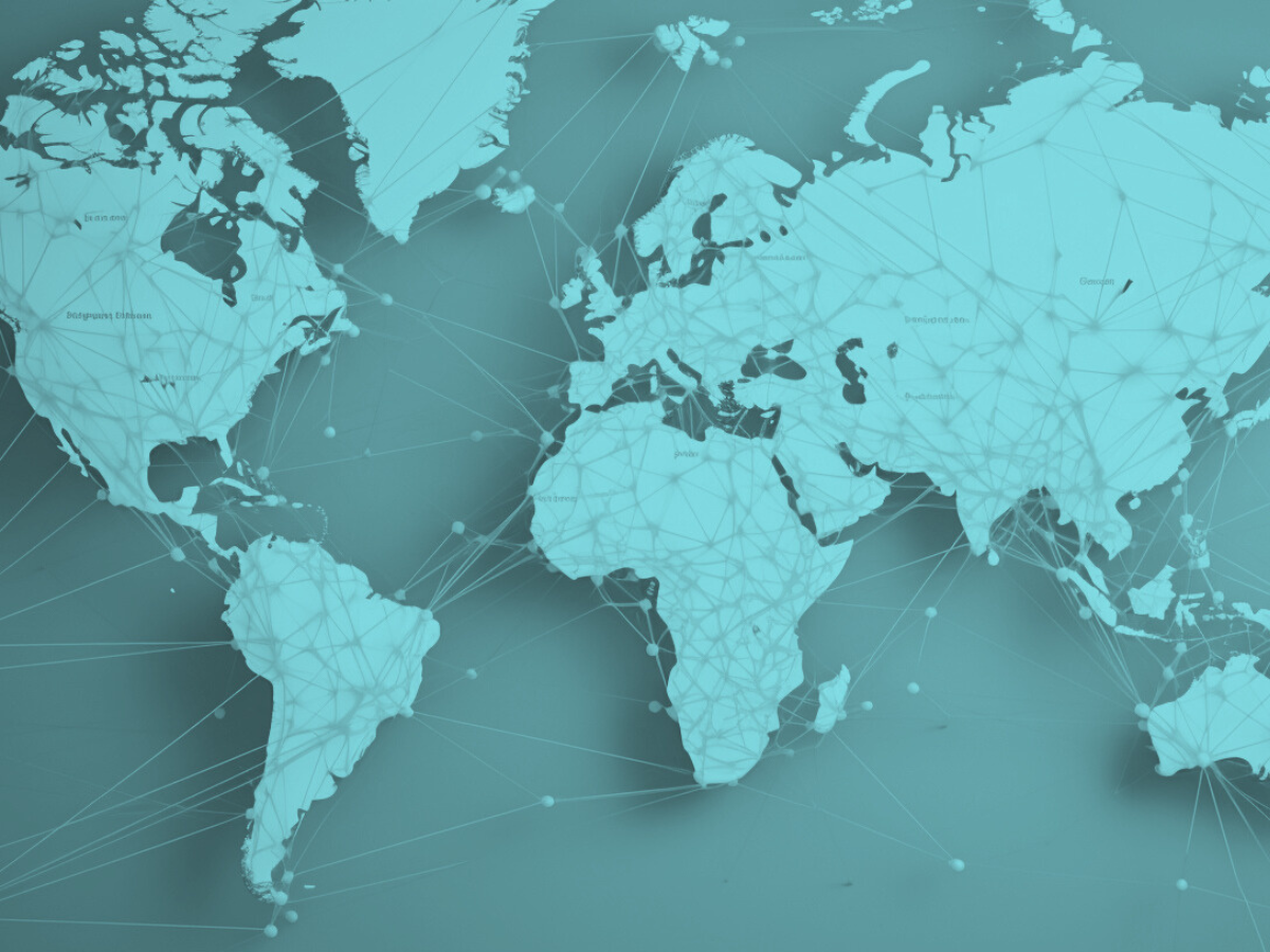 Stylized world map with interconnected lines and nodes illustrating international expansion and global market connectivity