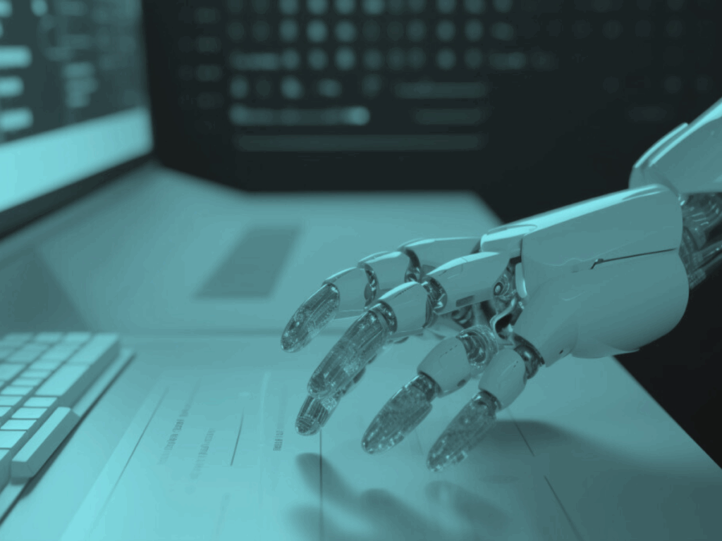Close-up of a robotic hand typing on a keyboard next to a digital CRM interface, symbolizing AI integration in customer relationship management.