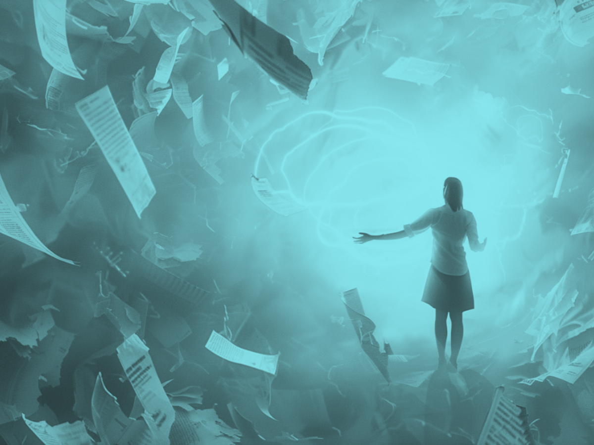 A woman stands confidently in a swirl of chaotic media, reaching toward a glowing source of clarity and light.