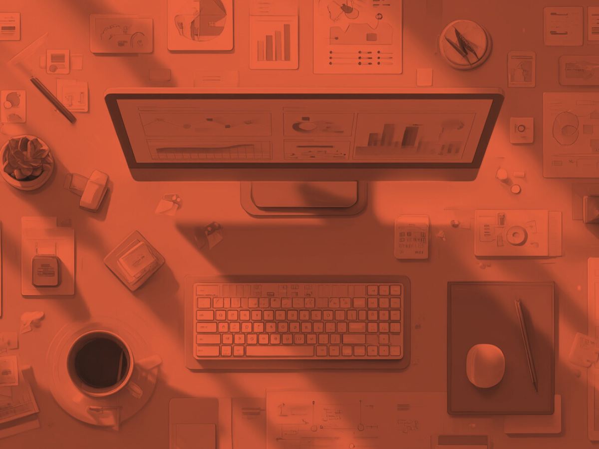 A warm-toned digital illustration of a desktop workspace with a monitor, keyboard, coffee cup, and documents — symbolizing the blend of technology and strategic planning