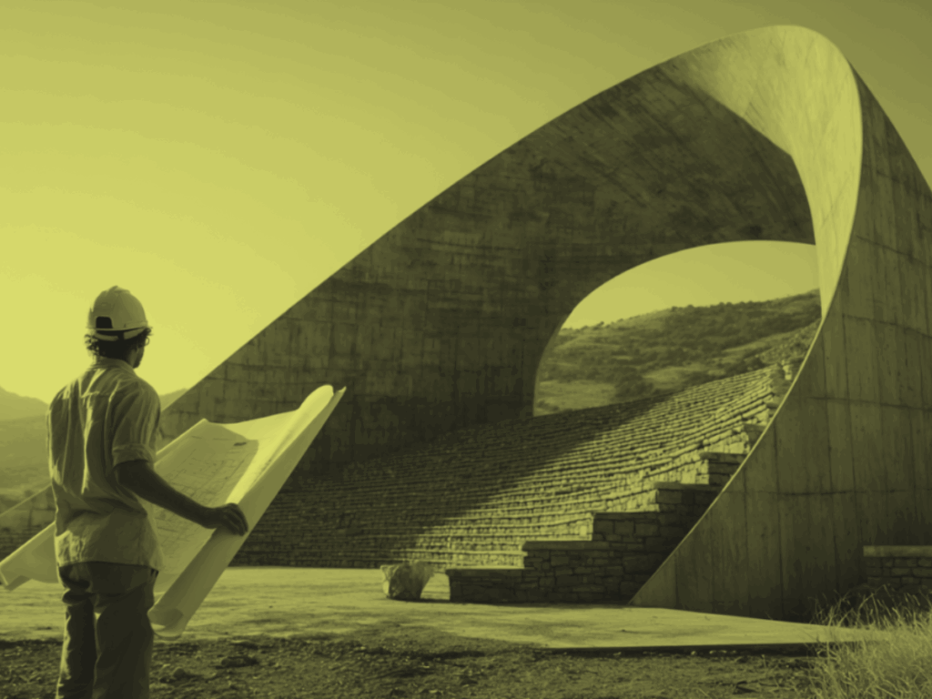 Architect studying blueprints in front of a futuristic, curved concrete structure under construction in a mountainous landscape.