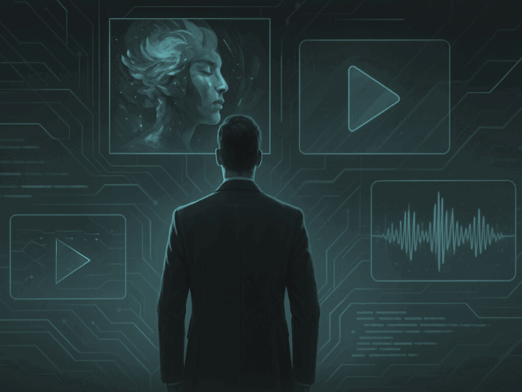 Business professional analyzing generative AI content including video, audio, and digital art on a futuristic interface.